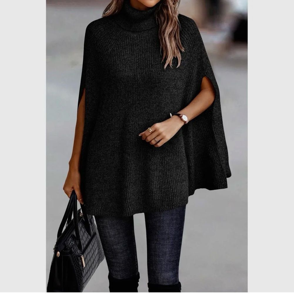 Elegant Black Turtleneck Sweater Poncho
